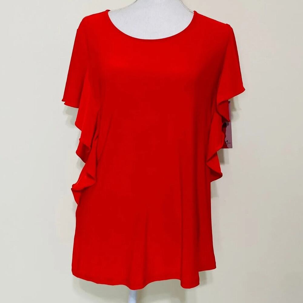 Nina Leonard Miracle‎ Matte Jersey Ruffle-Sleeve Top, Size Medium NEW w/ Tag,Red